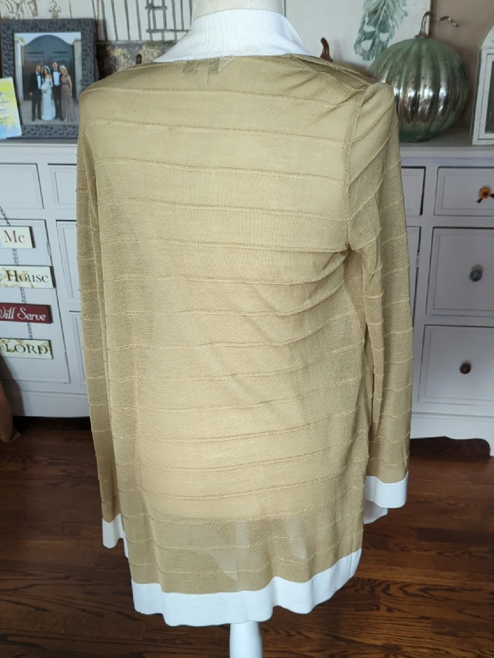 Misook Beige Long Cascade Knit Cardigan  White Trim Open-Front Old Money Sz S - Picture 4 of 8